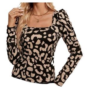 SHEIN Black and Cream Animal Print Long Sleeve Top